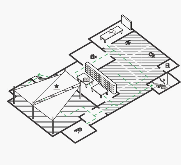 2階 平面図 : エレベーターを出ると右方向に医療観光、高陽市観光協議会、観光会議室、メディア創作室、高揚ルーフトップ、韓服体験、旅行者図書館、非常階段があります。