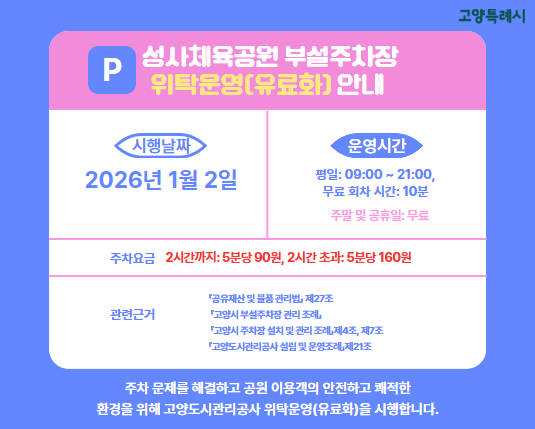  성사체육공원 부설주차장 위탁운영(유료화) 안내