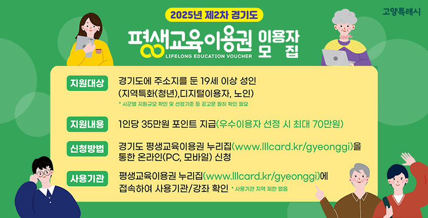 2025년 제2차 경기도 평생교육이용권 이용자 모집 고양특례시
지원대상 경기도에 주소지를 둔 19세 이상 성인
 (지역특화(청년), 디지털이용자, 노인) 시군별 지원규모 확인 및 선정기준 등 공고문 필히 확인 필요
지원내용 1인당 35만원 포인트 지급(우수이용자 선정 시 최대 70만원)
신청방법 경기도 평생교육이용권 누리집(www.lllcard.kr/gyenggi)을 통한 온라인(PC, 모바일)신청
사용기관 평생교육이용권 누리집(www.lllcard.kr/gyenggi)에 접속하여 사용기관/ 강좌 확인 사용기관 지역 제한 없음
