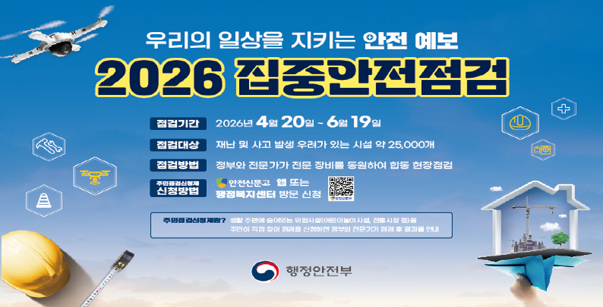 2026 집중안전점검 
점검기간: 2026. 4. 20.~ 6. 19.
점검대상: 재난 및 사고 발생 우려가 있는 시설 약 25,000개
점검방법: 정부와 전문가가 전문 장비를 동원하여 합동 현장점검